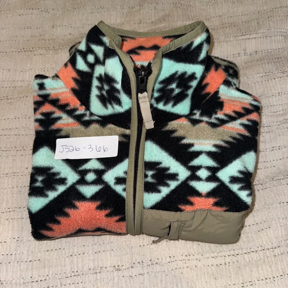 WeSC Mens Large Southwestern Aztec Fleece Full Zip Jacket Teal Orange Geometric